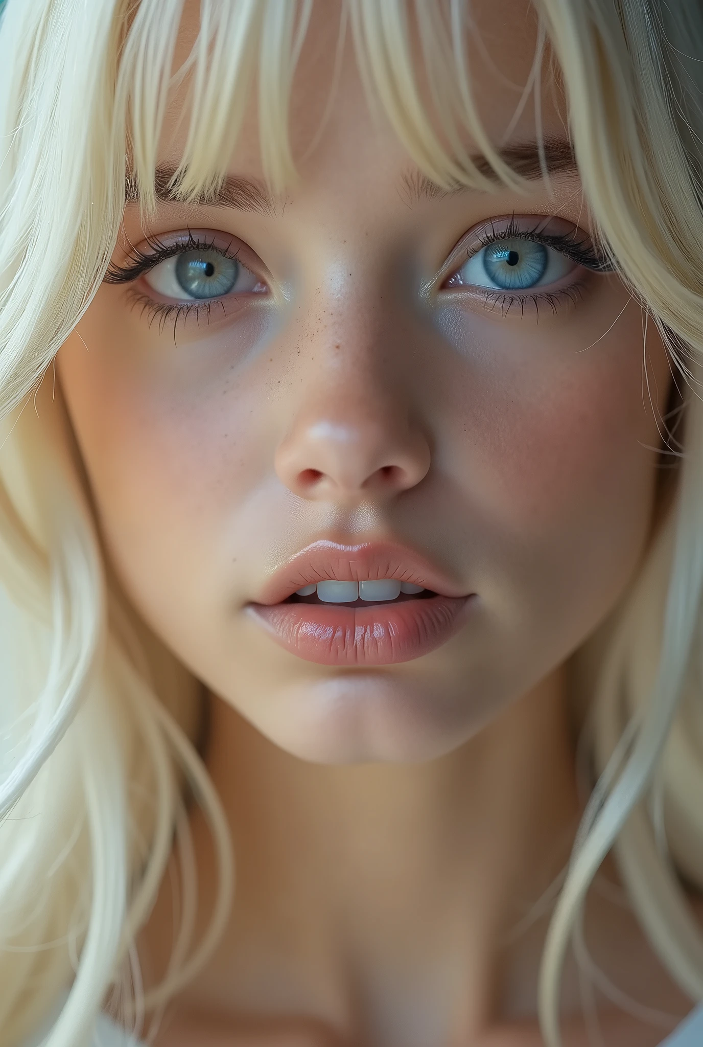 Vr porn, (a closeup:1.4)、(RAW shooting:1.2)、(Photorealsitic:1.4)、(​masterpiece:1.3)、(top-quality:1.4)、bright expression、extremely beautyful girl、Extraordinary beautiful girl、Detailed cute and beautiful face、Beautiful bangs、Glowing white shiny skin、facial hairs、Bangs that extend to the face、Bangs between the eyes、Super long hair、Attractive light and dark platinum blonde super long straight silky hainer hair、Attractive glowing beautiful bright clear light blue big eyes、Luxurious dresses、Double eyelids、Lush bust、The upper part of the body、
