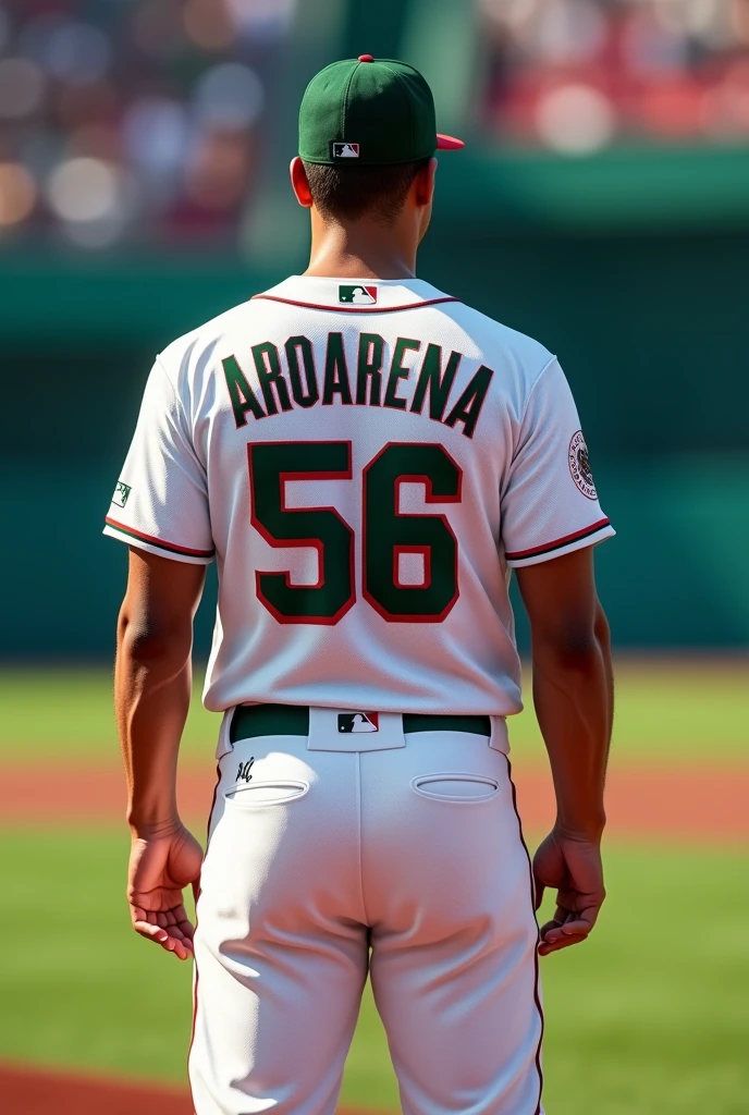 Picture of Randy Arozarena from the back with the number 56 and the Mexico jersey white with blue and pink with brown skin