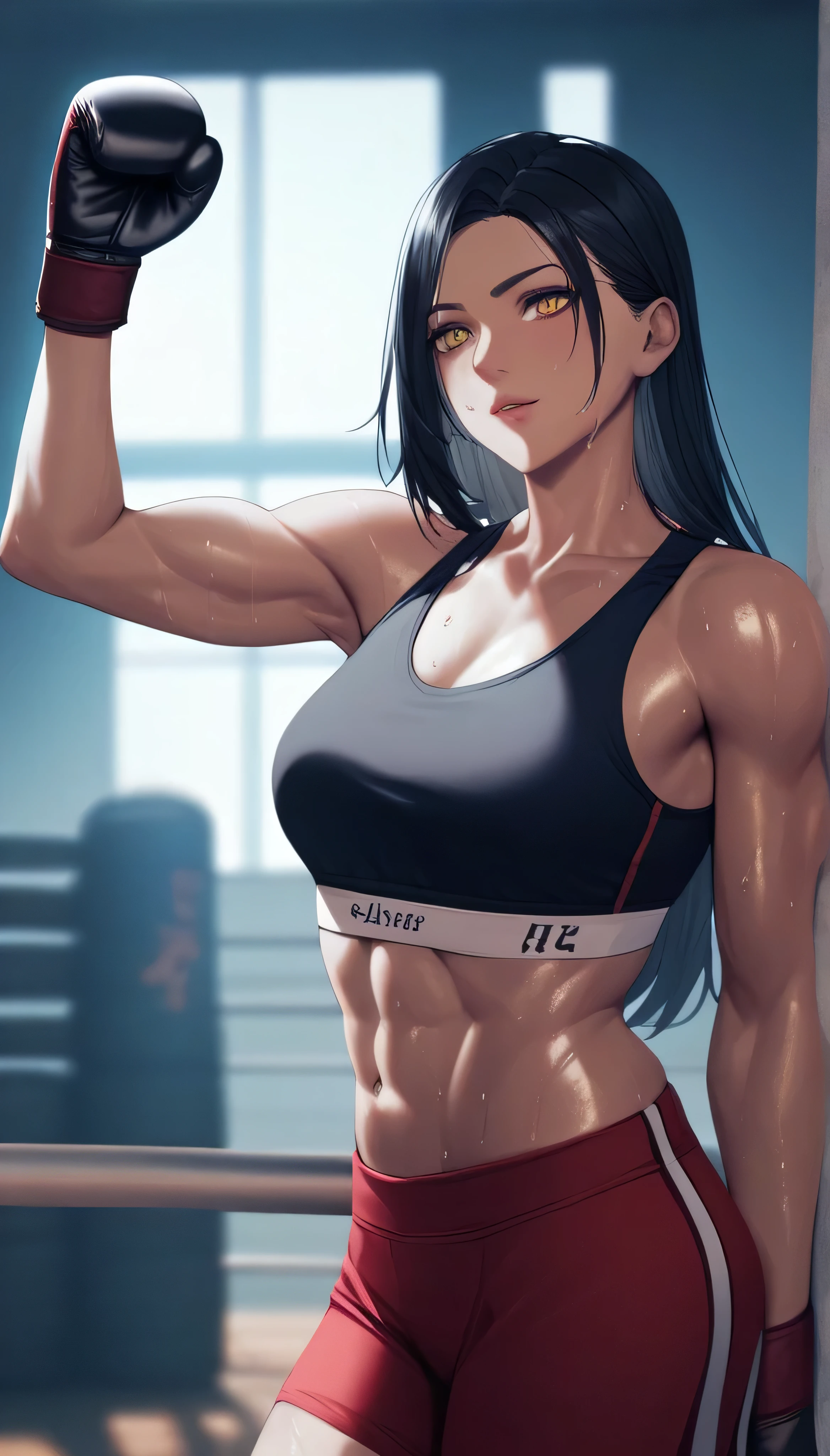 black hair,masterpiece,best quality,highres,ultra-detailed,aashizue,yellow eyes,long hair,(sports bra:1.2), boxing gloves,toned, muscular,sweating, (sleeveless:1.4),cowboy shot,