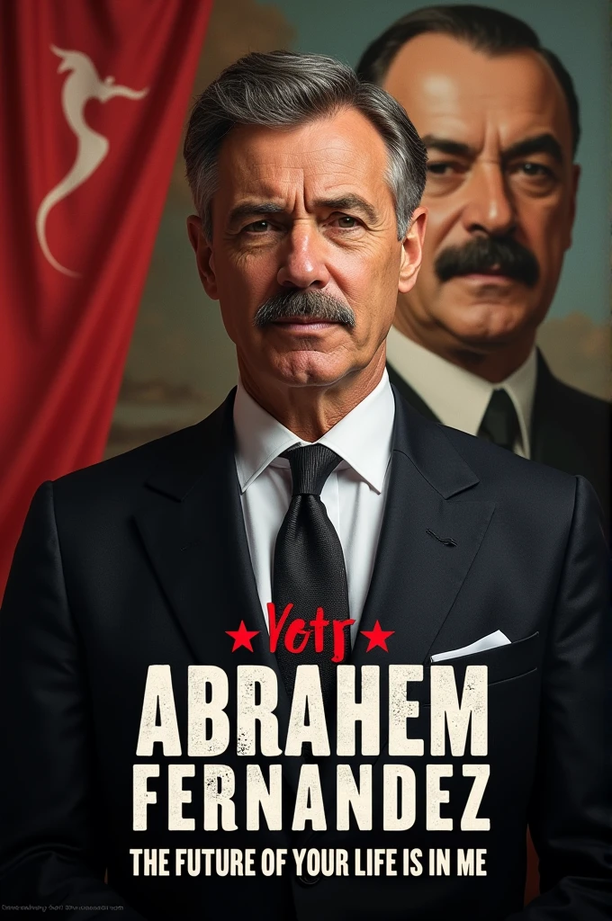Make a presidential campaign image that says "Vote for Abraham Fernandez" and below say "The future of your life is in me" and in the background an image of Benito Mussolini a politician, Italian military man and dictator