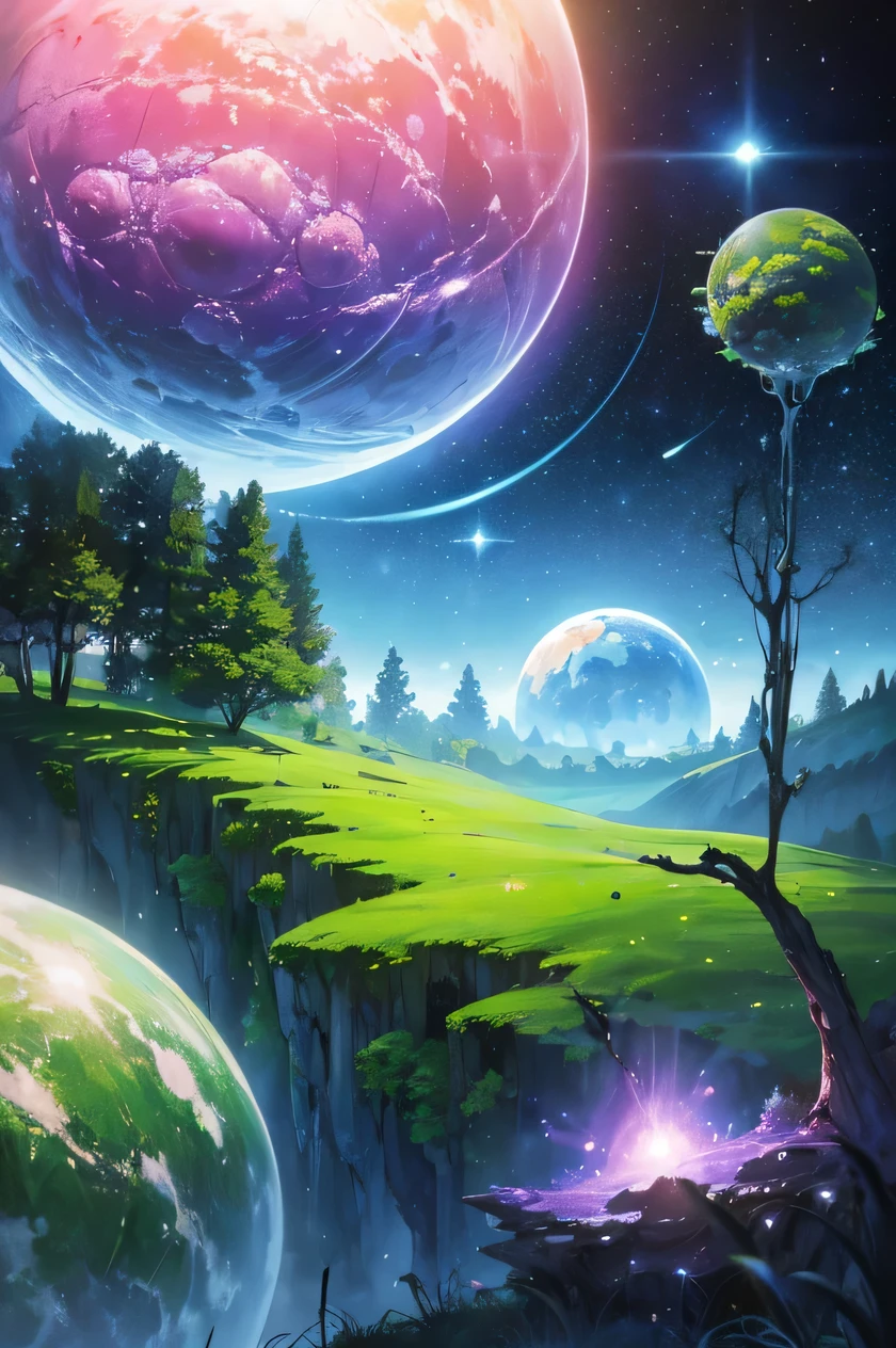 (((masterpiece))) (((best quality))) Glass ball, close-up of a planet with a bunch of trees on it, overgrown planet, green planet, Fractal World, Rich fantasy world, fantasy planet, Dyson Sphere, pink planet, 3d rendering warning sound, planetary landscape, round planet inspired by Jofra Bosschart, planet, future world, psychedelic flower planets, Mysterious World, (External Glow)