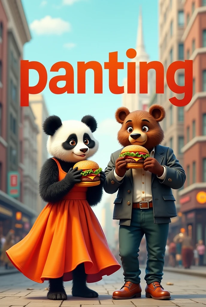 Create a realistic logo with the word "panting" ,that has a panda in a dress and a brown bear in urban clothing eating hamburgers 