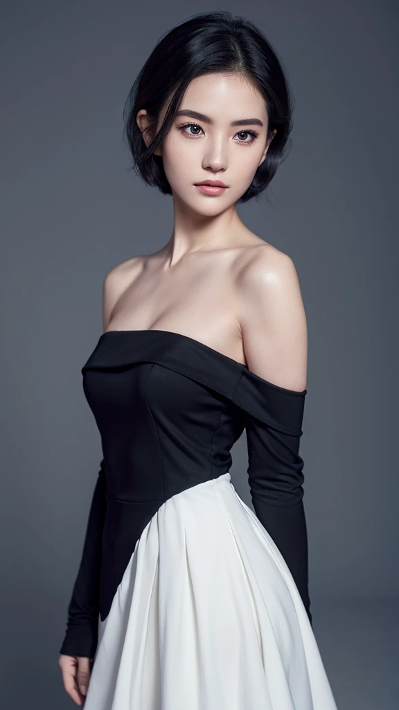 Black off-the-shoulder dress,Front view,Tyndall light effect,High resolution skin,Realistic skin texture,2 woman,Makeup is exquisite yet natural,Bright eyes,Perfect face,Devil figure,A smug expression,Short hair,bust,Gray background。