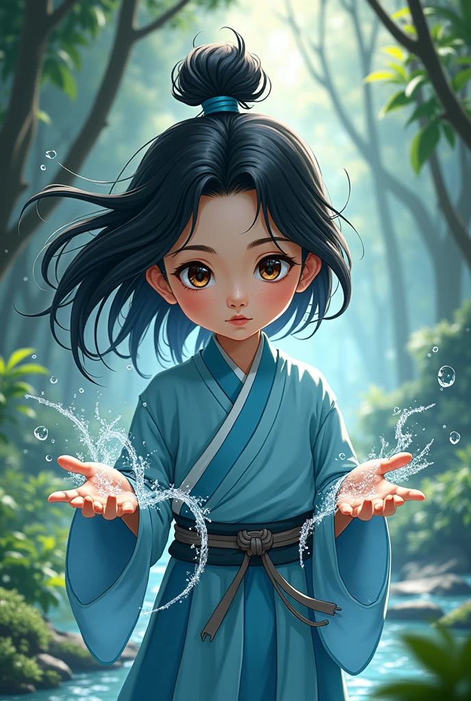 Based on the cartoon Avatar: The Last Airbender, create a waterbender who also dominates plants, aged 10 years, blackquality hair, with one brown eye and one blue eye, with their clothes in blue and turquoise colors