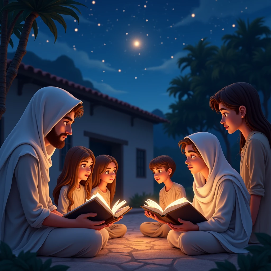 Young adults, reading the bible in the courtyard of a house, at night.  The girls with veils on their heads. The boys don&#39;t. And the Spirit of God enlightens them. Pixar style.