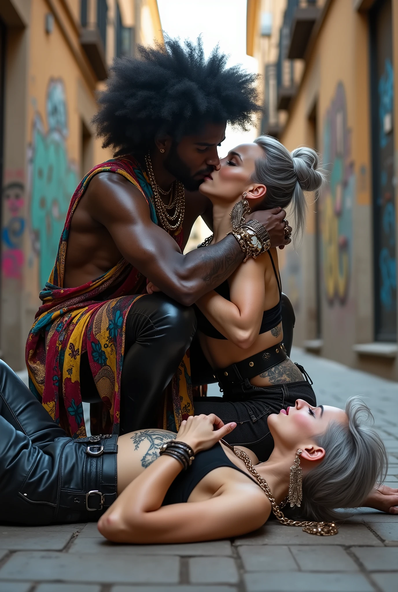 Three russian old milf women: the strong, muscular , dominant dark skinned gipsy woman (black afro, long african traditional colourful tunic, barefoot), squatting with possessive stance (arms around her two girlfriends' necks). At her feet, lying on the ground,her two caucasian girlfriends groping and kissing each other, pale faces, pale arms, pale chests, pale hands, pale feet, weak, light grey hair, submissive and needy, one unconscious on the ground, the other feeling defeated and needy, in laid back postures with hands touching their thongs or their necks or chest, looking at each other with open mouths,, different clothes but all wearing clothes in rock chic style. grey hair (bouffant, top bun, shaved sides). Big lips. Black lace push up bras, silicone breasts,, low rise skinny leather jeans. Both Barefoot.. Lots of thick wide studded bracelets, chain necklaces and big rings,. Long earrings with chains and feathers. Chains around their hips. Lounging lazily on the ground with bended knees, separated legs and arched backs. Lazy, leaning back, laid back pose, separated legs. Neck tattoed, chest tattoed, stomach tattoed, feet, hands, arms and wrists heavily tattoed. Toned abdominals, thin neck, slim legs and thin arms. Narrow hips. Both, open legs. Full body. At a Madrid narrow street with graffitied walls.