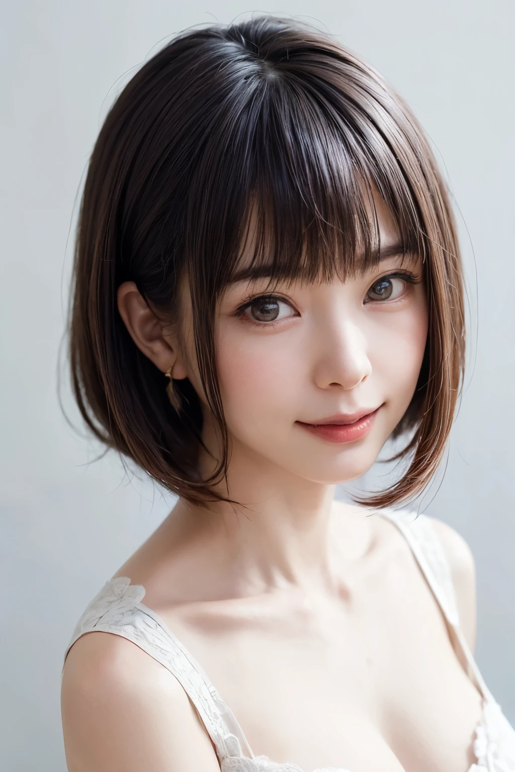 (software:1.8、masterpiece, Highest quality),1 person, alone, hyper Realistic, Realistic,Realistic, Looking at the audience, Light brown eyes:1.4,Brunette Short Bob Hair with highly detailed shiny hair, Brightly colored winter clothes, Lepangas:1.4), Outdoor, Mouth closed, Upper Body、big chest eye、eyelash、{Hugeな|big chest|Hugeなな|Mega} whole :2, chestの谷間:2、(((big chest eye、Short Bob Hair、Highlights from Students、Looking at the audience、She is very beautiful and cute、Show me your ears、Long neck、smile、Close your mouth and smile、Bangs and beautiful teeth)))、Ideal body type、（Nothing is drawn、A very beautiful pure white background:1.6）、美しいLong neck:1.4、(({Huge|big|Hugeな|Mega} chest, chestの谷間:2、Upper Bodyは服を着ていない:1.6))、(((Portraiture:2)))、Perfect Anatomy