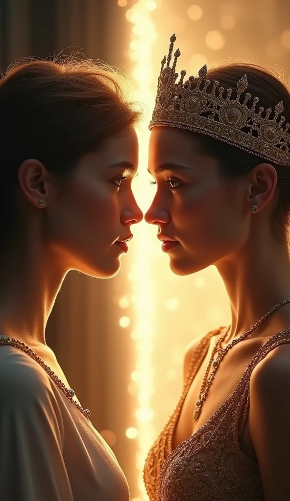 An image showing a woman in two distinct stages: On the left side, a simple and discreet young woman, representing Hadassah, in a darker or neutral environment. on the right side, the same woman, now transformed, with a crown and dressed like a queen, representing Esther, in a brilliant and majestic setting. in the middle of the image, a beam of light or a soft glow can symbolize transition and God'O timing dela.
This image visualizes the transformation message, highlighting the process of