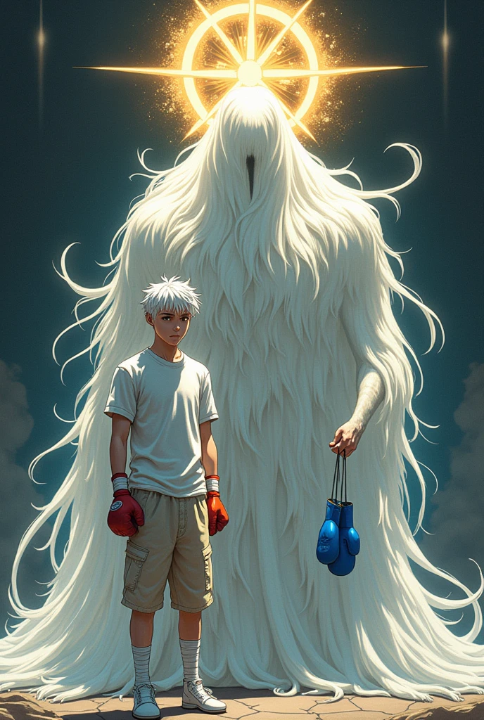 Make a picture of a big white being, No eyes, with a kind of tail on his head and a circle similar to a golden wheel above his head and in his hands blue boxing gloves, next to a young white-haired man, white t-shirt and loose low-rise pants with a red boxing glove with some bandages around the glove. Made with thick gothic anime lines