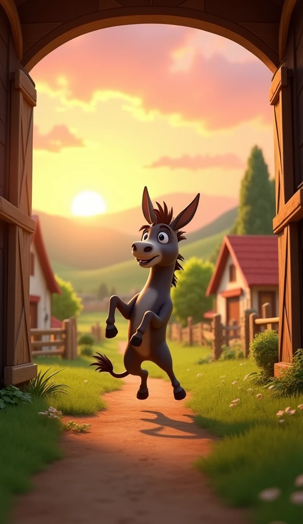 Draw a donkey on his back rushing out of the stable towards the field on a farm. The farm should be picturesque and detailed, with green fields and a sunrise sky with soft orange and pink tones, in a 3D animated style.