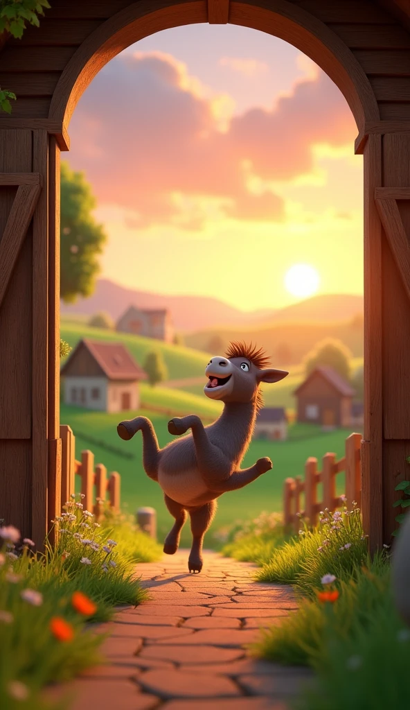 Draw a donkey on his back rushing out of the stable towards the field on a farm. The farm should be picturesque and detailed, with green fields and a sunrise sky with soft orange and pink tones, in a 3D animated style.