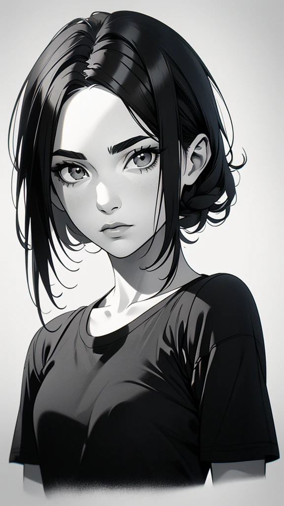 1 boyish girl, solo, sharp eyes, monochrome, greyscale, short black hair, portrait, white T-shirt, Thin eyebrows, closed mouth, looking at viewer, graphite \(medium\), detailed lips, hatching \(texture\), without makeup, bangs, upper body, (best illustration), (best quality), (very detailed), (masterpiece), expressionless,