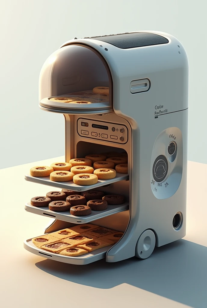 Make a sketch showing how the dough is shaped and filled with a solar-powered cookie cutter., and then baked in a solar oven that concentrates the radiation to reach the necessary temperatures.. (All using one machine)