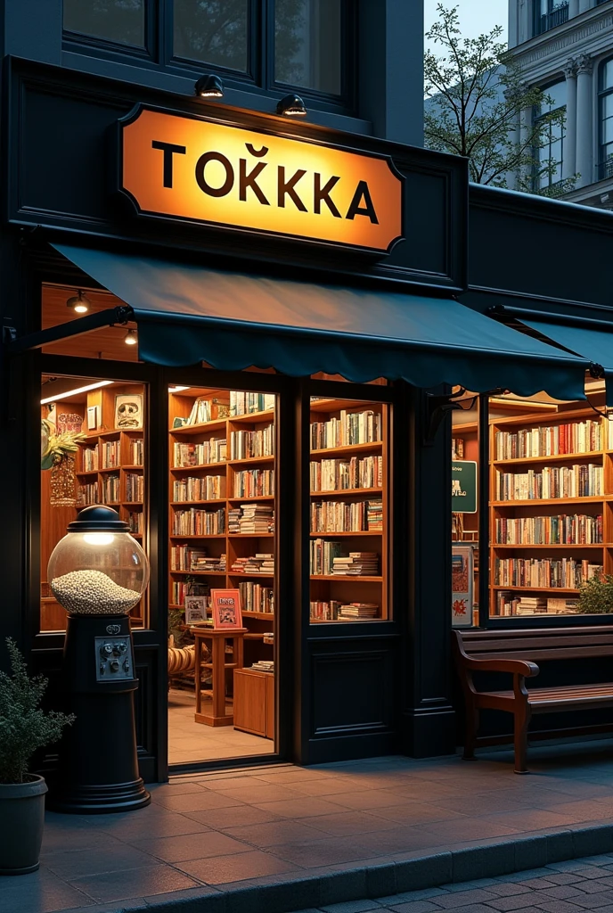 South Korean publishing showcase, sign with the word тоска, magazines books gazettes manhwas, Low lights, wide windows hyper realistic black walls, benches outside, gumball machine at the exit, a sign with a skull stuck to the window, more books in the background, Old awnings with Korean aesthetics