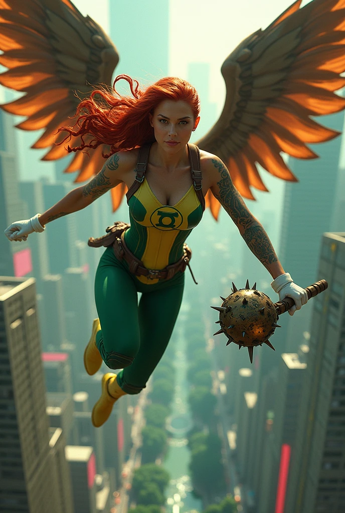 (((A beautiful woman with long red hair in a braid flying over skyscrapers, a ball mace on the end of a staff or handle with rounded spikeless protrusions between her hands wearing a green and yellow corset on her midsection, green leggings, white gloves and boots, a large Green Lanterns logo on her chest, tattoos on one of her arms))),(((Giant brown wings that cover the entire body))),(((wide and thick brown harness)))