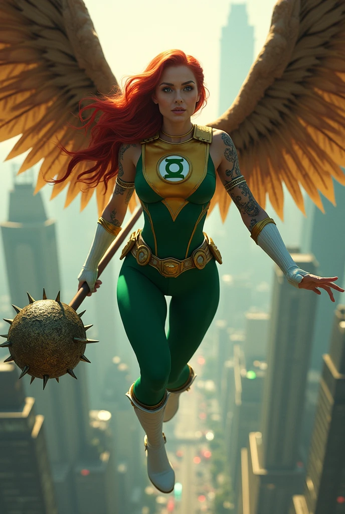 (((A beautiful woman with long red hair in a braid flying over skyscrapers, a ball mace on the end of a staff or handle with rounded spikeless protrusions between her hands wearing a green and yellow corset on her midsection, green leggings, white gloves and boots, a large Green Lanterns logo on her chest, tattoos on one of her arms))),(((Giant brown wings that cover the entire body))),(((wide and thick brown harness)))