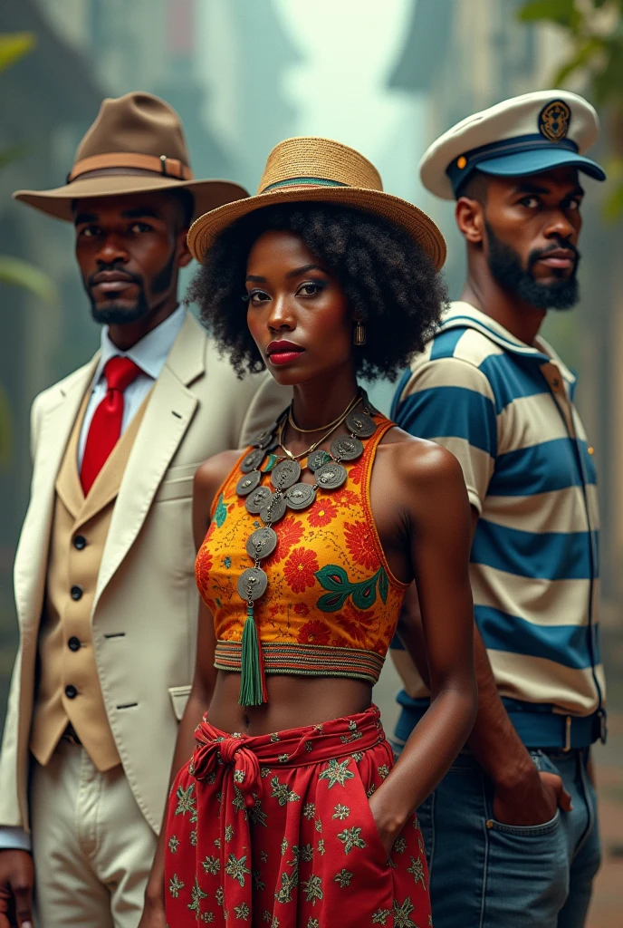A man in a white and red suit and hat, a black Bahian woman in traditional clothes, a cowboy in a leather hat and a sailor in a blue and white striped shirt with a cap.