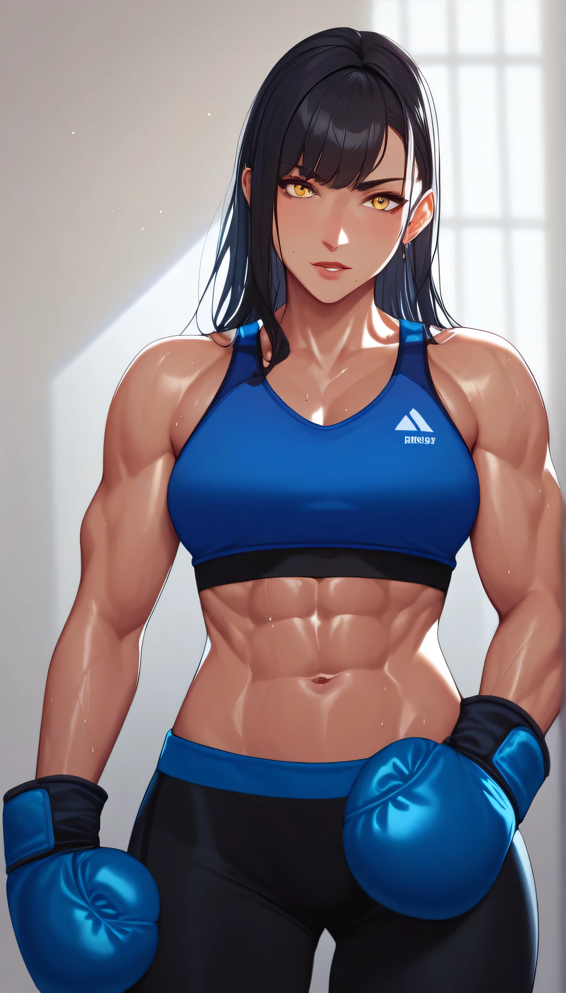 black hair,masterpiece,best quality,highres,ultra-detailed,aashizue,yellow eyes,long hair,(sports bra:1.2), boxing gloves,toned, muscular,sweating, (sleeveless:1.4),cowboy shot,