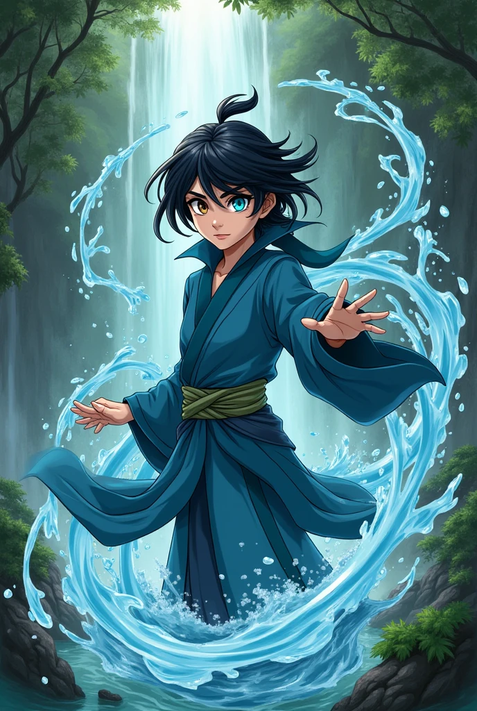 Based on the cartoon Avatar: The Last Airbender, create a waterbender who also dominates plants, at the age of , blackquality hair, with one brown eye and one blue eye, with their clothes in blue and turquoise colors