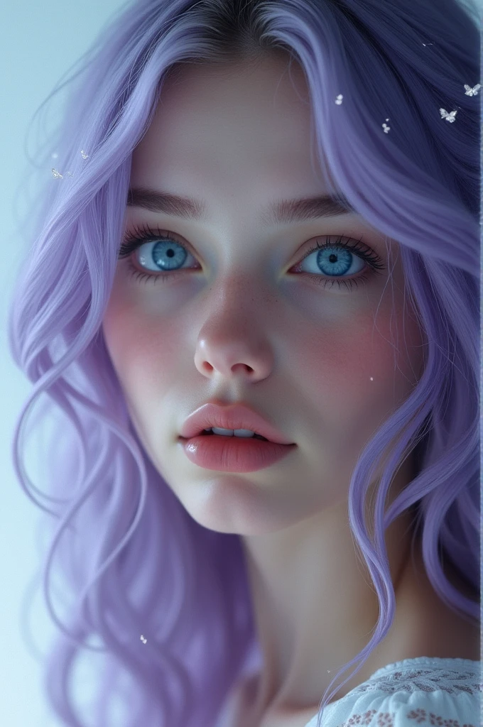 White girl with dark pastel purple wavy hair and blue eyes