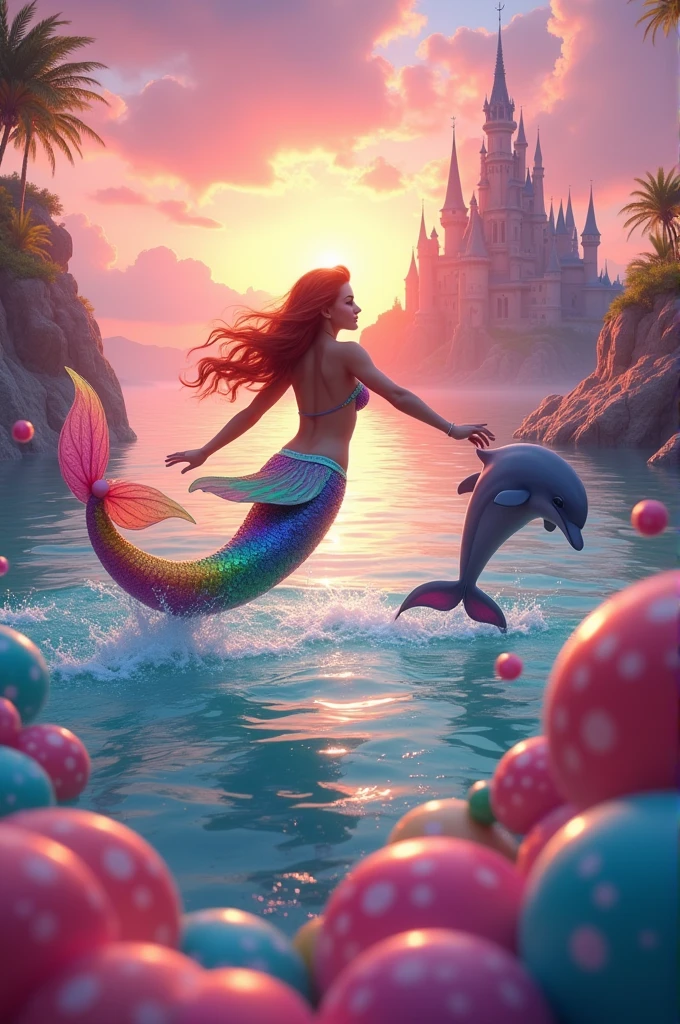 Pink and orange sunset, In the background a beautiful castle and as a protagonist, the sea and a dolphin jumping with a rainbow-colored mermaid, surrounded by candy and lots of colors