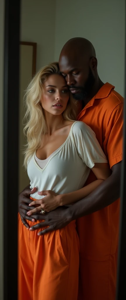 (Photorealsitic:1.4), (masterpiece:1.3), (top-quality:1.4), ((ultrarealistic)), HD 8k, (Sharp focus: 1.2), (Focus on the face:1.4), well proportioned full body of Beth (innocent shy sexy blonde woman 28 years 5' 4" height) and Jackson ( big muscular black man 38 years 6' 4" height),
Beth with innocent expression, (extremely beautiful: 1.2), amazing beautiful, extraordinary beautiful, Detailed cute femenine and beautiful face, Detailed facial features , Beautiful Face, Anatomically correct, Highly detailed face and skin texture, Natural Cheeks, subttle Glowing white skin, Fair skin: 1.3, (Glossy Lips: 1.4), (light blonde very short straight silky hainer hair bob style ), glowing beautiful bright clear light blue big naive eyes, double eyelids, fine little sensual nose, femenine little mouth with big full red pucky lips, thin chin, freckles, narrow long neck, femenine narrow shoulders, detailed eyes and face, long eyelashes, elegant lady, subtle makeup, extremely beautyful tonned legs, extremely nice perky ass, narrow waist, defined and tonned belly. sexy hips,, full Lush bust, Jackson is a dangerous man, handsome and extremely masculine, (strong and muscular legs chest and arms), wide shoulders, powerful jaw, (black bald man), (without beard: 1.1), (big bulge in crotch: 1.1),
(Jackson is wearing orange prison uniform chest and back exposed showing his muscles: 1.2),
(Beth is wearing a white gauze translucent t-shirt and a long skirt with sneakers: 1.2),
(intimate night bedroom ),
alternative vibe, intimate lighting, high contrast, dramatic shadows,highly detailed,detailed skin,depth of field,dynamic angle,
Beth standing in front of the closet mirror, Jackson behind her taking her by the waist, completely reflecting their bodies in the closet mirror, extremely detailed bodies and faces, extremely atmosphere of erotic anticipation, he is much taller than her.