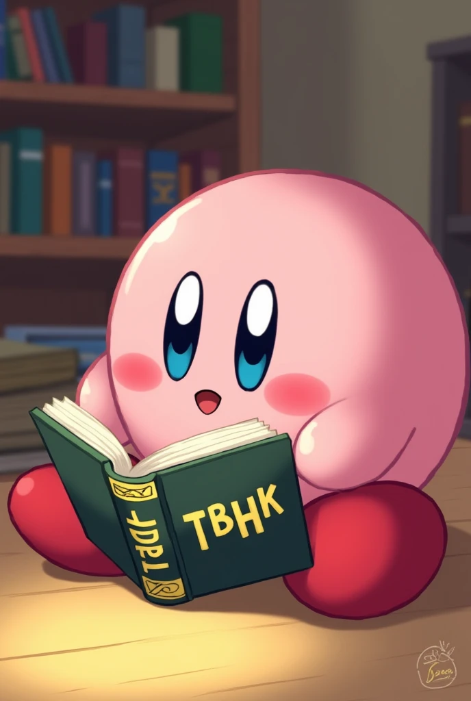 Kirby reading a book called TBHK