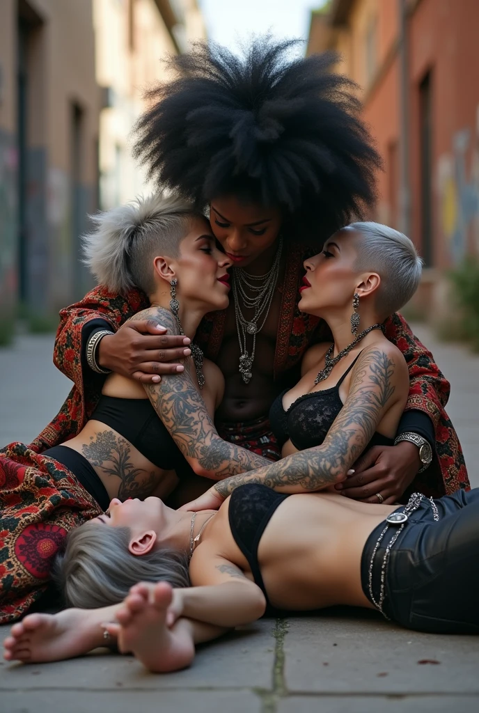 Three russian old  milf women: the strong, muscular , dominant dark skinned gipsy woman (black afro, long african traditional colourful tunic, barefoot), squatting with possessive stance (arms around her two girlfriends' necks). At her feet, lying on the ground,her two caucasian girlfriends groping and kissing each other,  pale faces, pale arms, pale chests, pale hands, pale feet, weak, light grey hair, submissive and needy, one unconscious on the ground, the other feeling defeated and needy, in laid back postures  with hands touching their thongs or their necks or chest, looking at each other with open mouths,,  different clothes but all wearing clothes in rock chic style. grey hair (bouffant, top bun, shaved sides). Big lips.  Black lace push up bras, silicone breasts,, low rise skinny leather jeans. Both Barefoot.. Lots of thick wide studded bracelets, chain necklaces and big rings,. Long earrings with chains and feathers. Chains around their hips. Lounging lazily on the ground with bended knees, separated legs and arched backs. Lazy, leaning back, laid back pose, separated legs. Neck tattoed,  chest tattoed, stomach tattoed, feet, hands, arms and wrists heavily tattoed.  Toned abdominals, thin neck, slim legs and thin arms. Narrow hips. Both, open legs. Full body. At a Madrid narrow street with graffitied walls. 