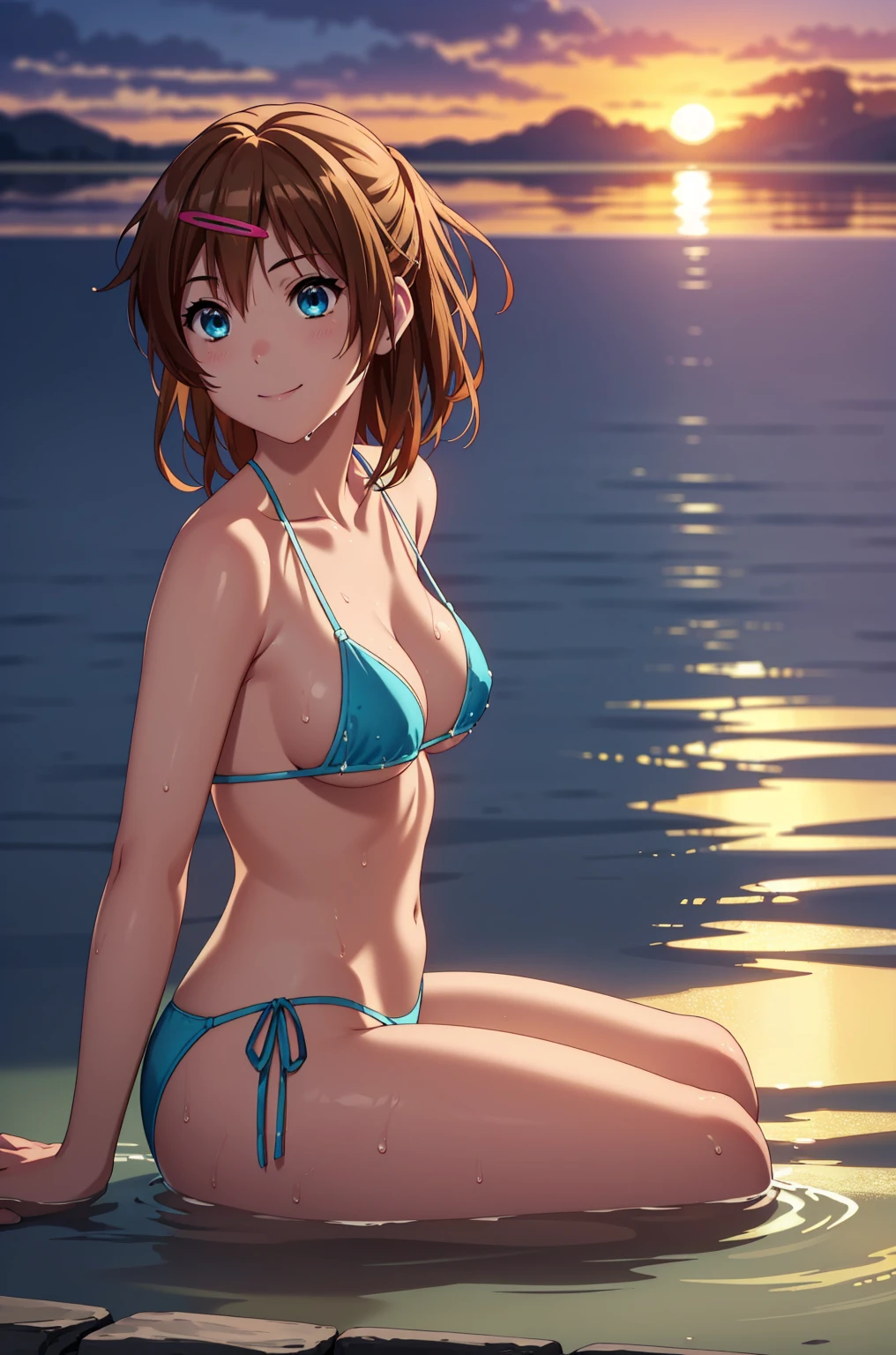 ((masterpiece, Highest quality, High resolution, uhd, Pixel perfect, Depth of written boundary, 4K, RTX, HDR)), 1 Girl, single, alone, 24-years-old, Anime Girls, Beautiful art style, anime character, ((Parted bangs, Brown Hair)), (blue eyes、Round eyes, Delicate eyelashes、Beautiful eyelashes, Perfect Eyes), (Detailed face:1.2), (Smooth texture:0.75, Realistic texture:0.65, Realistic:1.2, Cinematic, Anime CG Style), Perfect body、Moderately good :1.7、Micro Bikini:1.8、Visible from the side:1.9、Wet、Water Drop、Splash、nsfw、もっとView from below、smile:1.8、Bra shoulder straps:1.8、In the sea:1.8、Sit w your knees bent:1.8、Visible from the side:1.8、The whole body is visible:1.8、View from below、Wind、Tropical、sunset、Put your arms behind your back:1.8