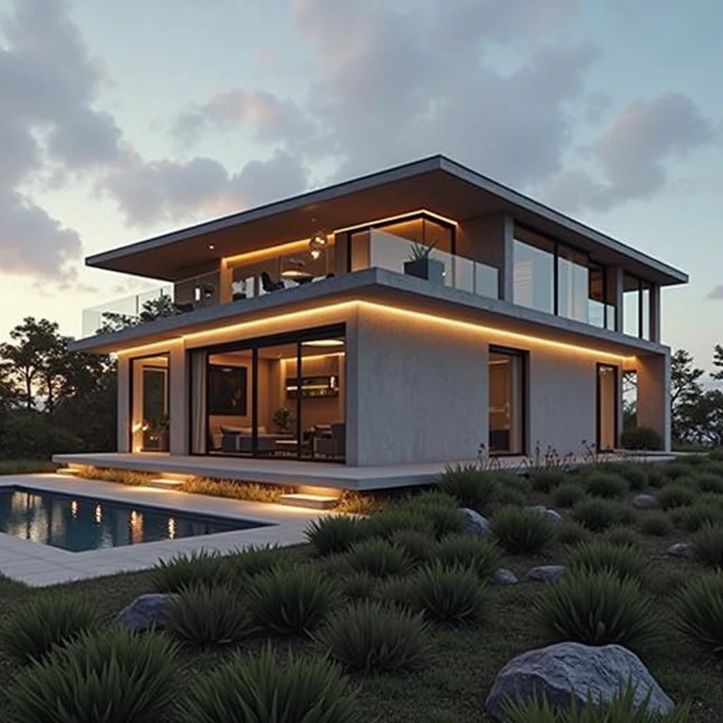 RAW photo,Masterpiece, high quality, best quality, realistic, super detailed, exterior, a modern style villa(Minimalist lines,Architecture: Using minimalist lines and shapes learn clearly. Materials: Combination of glass, concrete, and natural wood. Open space: The living room and kitchen are connected, using large glass doors to take advantage of natural light. Outdoor area: Small swimming pool and green garden with native plants. modern:1.2),(white wall:1.1), glass railings, glass windows, trees, grass , ((sunset)), sky, vivid colors, (high detail :1.2), 8k uhd, dslr, soft light, high quality, film grain, Fujifilm XT3Negative