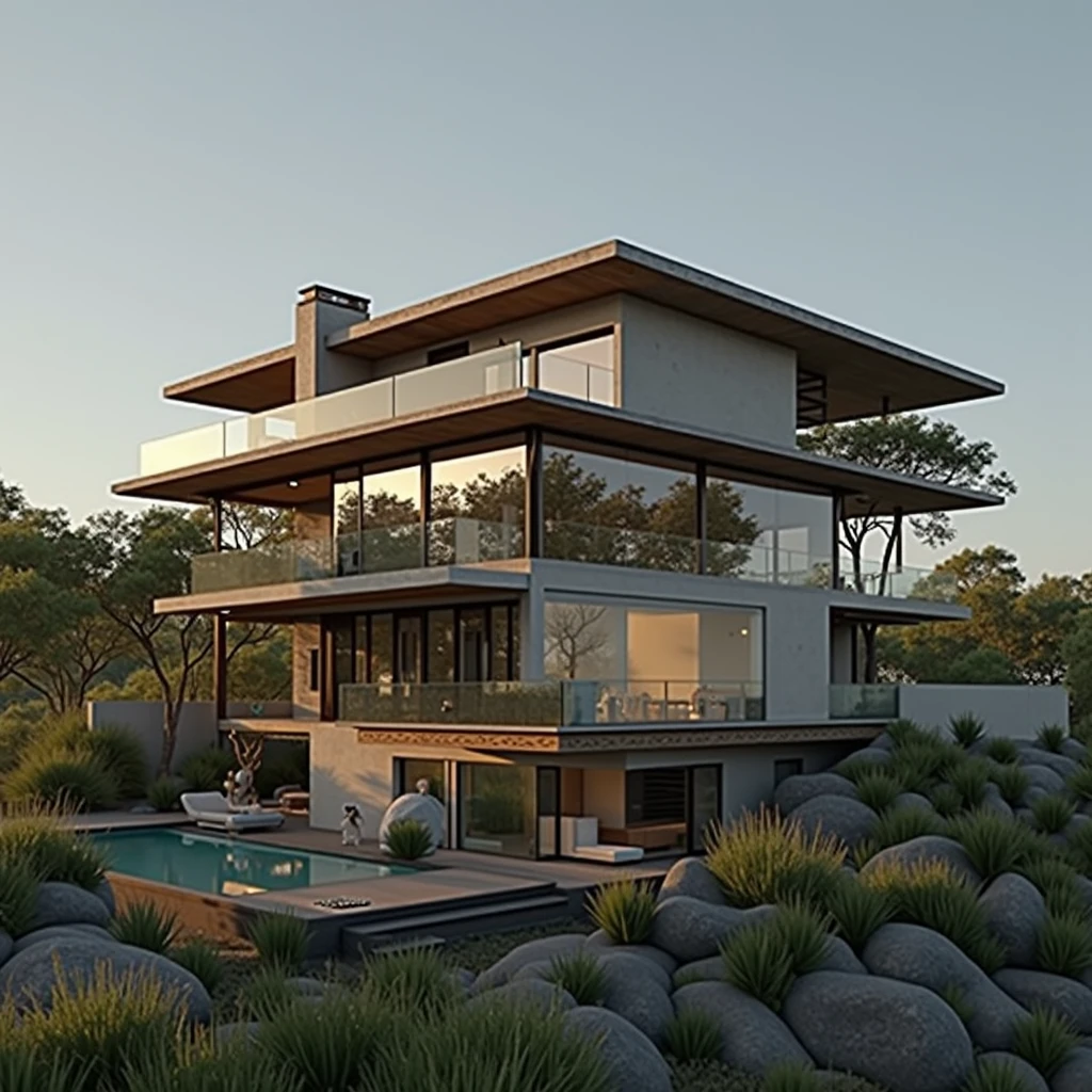 RAW photo,Masterpiece, high quality, best quality, realistic, super detailed, exterior, a modern style villa(Minimalist lines,Architecture: Using minimalist lines and shapes learn clearly. Materials: Combination of glass, concrete, and natural wood. Open space: The living room and kitchen are connected, using large glass doors to take advantage of natural light. Outdoor area: Small swimming pool and green garden with native plants. modern:1.2),(white wall:1.1), glass railings, glass windows, trees, grass , ((sunset)), sky, vivid colors, (high detail :1.2), 8k uhd, dslr, soft light, high quality, film grain, Fujifilm XT3Negative