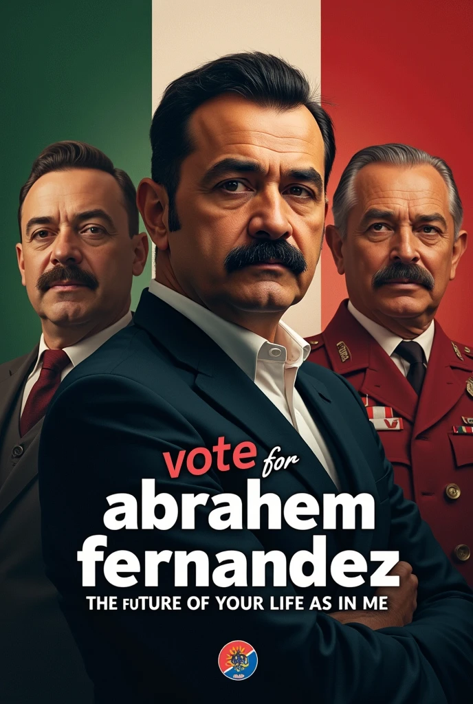 Make a presidential campaign image that says "Vote for Abraham Fernandez" and below say "The future of your life is in me" and in the background an image of Benito Mussolini a politician, Italian military man and dictator