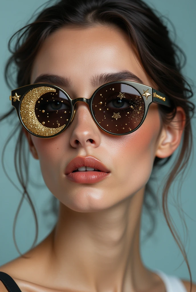 The model is wearing glass sunglasses with stars and the moon on the glass