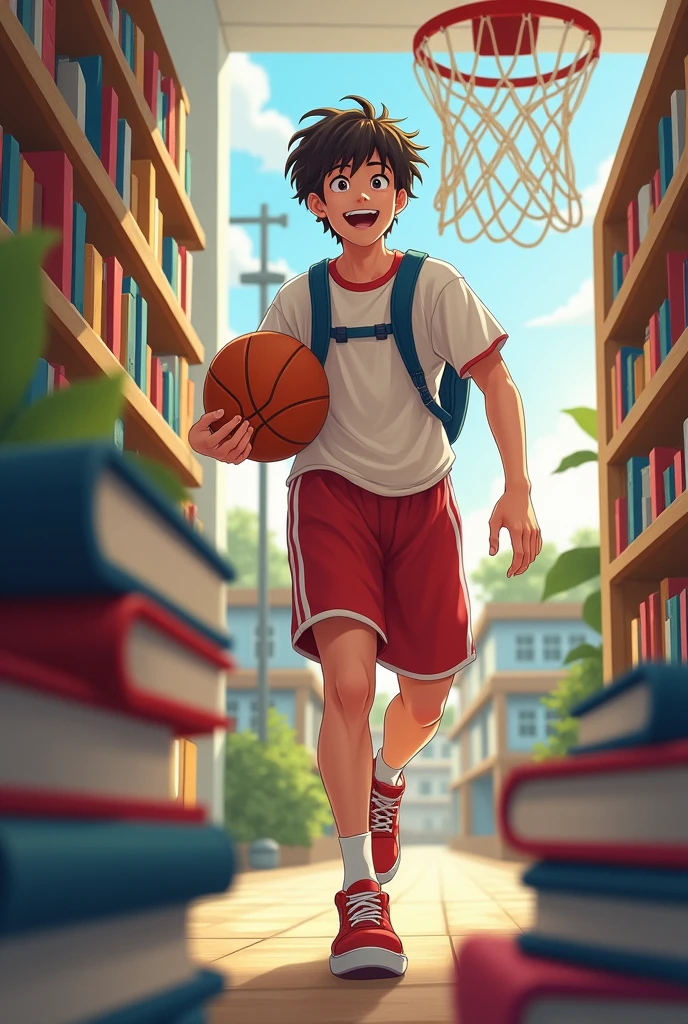 A student putting down books about to play basketball 
