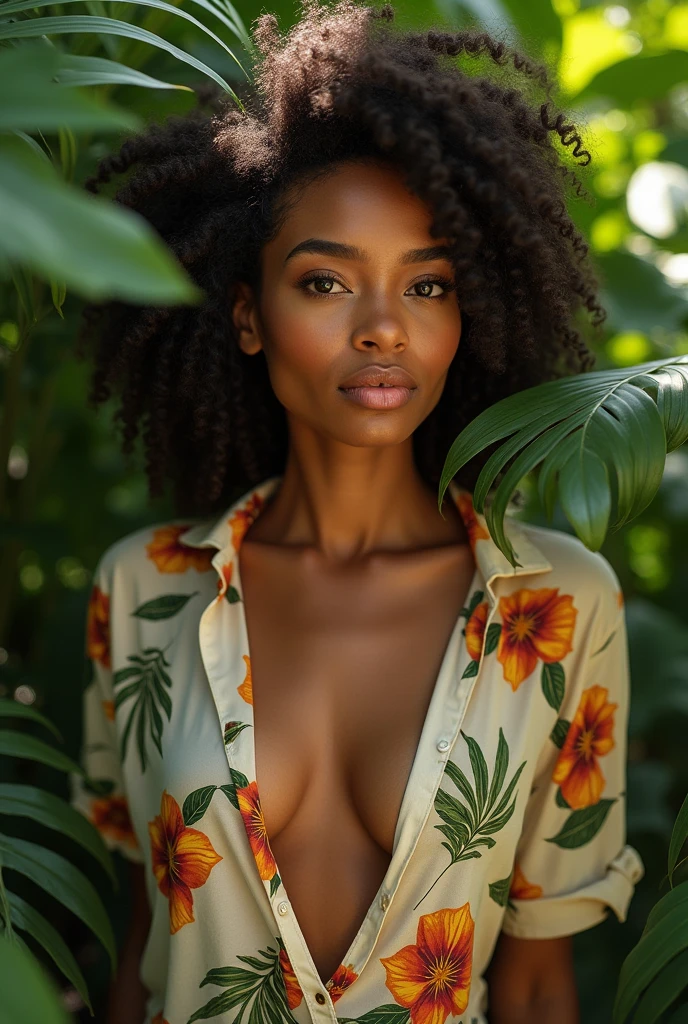 A Brazilian woman in a lush tropical garden, wearing an open shirt with a floral print, with a close-up capturing the harmonious beauty between her breasts and the natural flowers, showing off your natural charm and outgoing personality.