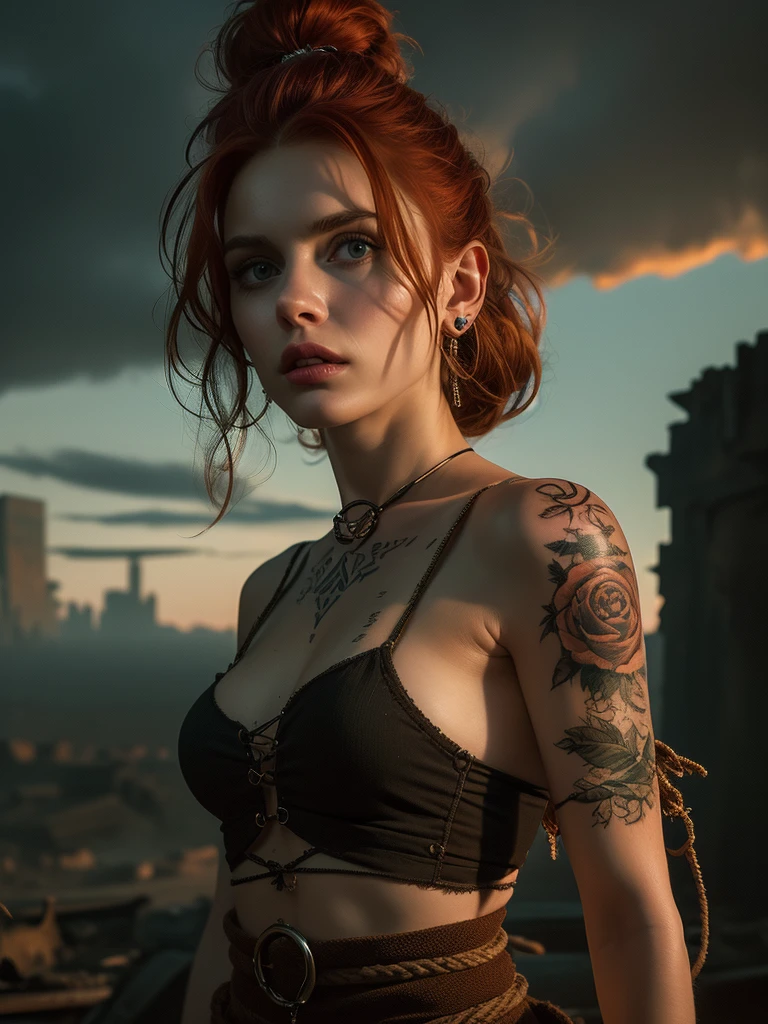 very detailed, 16K high resolution, incredibly detailed image, cinematic, best quality, masterpiece, realistic, detailed face, detailed background, dramatic lighting, A girl, 2, she is alone, beautiful, natural ginger hair, straggly and messy wavy hair. Extremely detailed facial expressions with sharp and piercing green eyes. A delicate, slightly cheeky face, subtly made up. ((She is tattooed and pierced, large tubes in her ears.)), She has (very small breasts) and a slim figure, in good shape. Dark lighting conditions, the world is destroyed after a war (end-time mood like in Mad Max). She is in an old destroyed city. Flames and clouds of smoke in the background.  Her outfit is similar to the outfit of Jinx, from the series Arcane. She has a belt around her waist.