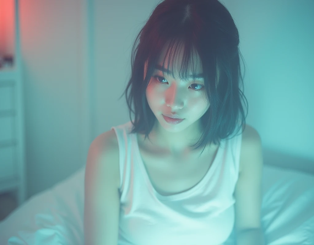 Japanese Girl、 analog film photo, (Create a realistic and photorealistic photo image)、whole body、White tank top、Dimly lit place、Red light、Sitting、blur, tint, depth,