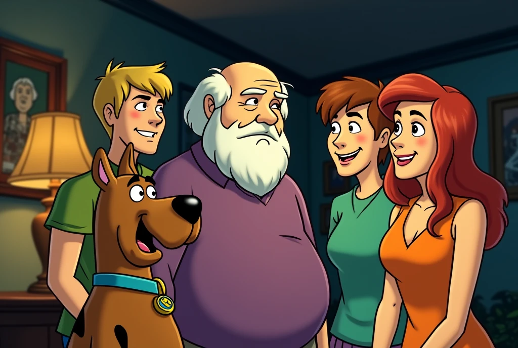 Fritz Perls, psychiatrist, a little chubby, bald with white hair only on the sides, white bearded, thick eyebrows, has some wrinkles. drawing version (in drawing style/animation "scooby doo"). He's with the Scooby Doo gang (1.scooby, The dog; 2.velma, a woman who has short, dark hair, use your eyes, orange blouse and red skirt; 3.Shaggy, skinny man, with red hair, wears a green shirt with brown pants and is a little hunchbacked; 4.fred, Tall man, with blond hair and slightly thin and muscular, wears a blue and white shirt and blue denim pants; and 5.daphne, beautfull woman, slender, redheadwear, who wears purple dresses with a green scarf; 6. Fritz Perls). fritz perls is in the middle and everyone is smiling, they are in a slightly dark house, only with the yellowish lighting of lampshades, generating an aura of mystery