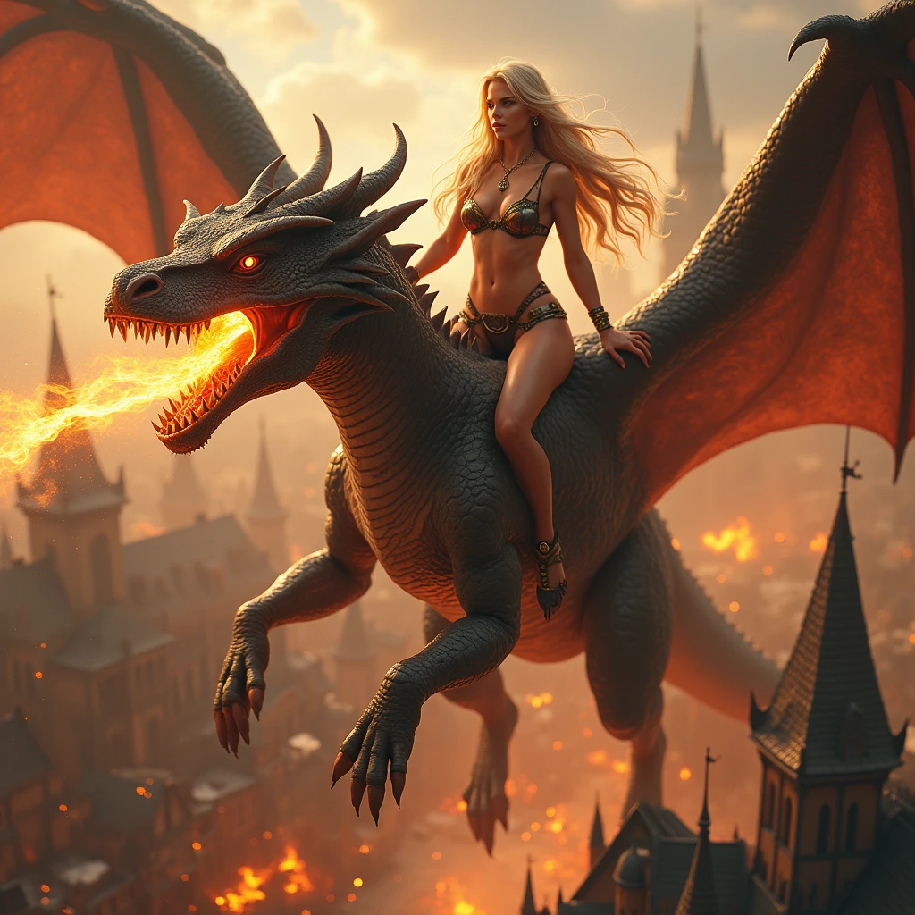 create a beautiful blonde elf woman with a full body (((wearing a leather bikini))), she must be riding a dragon, the dragon will be breathing fire in a Medieval city