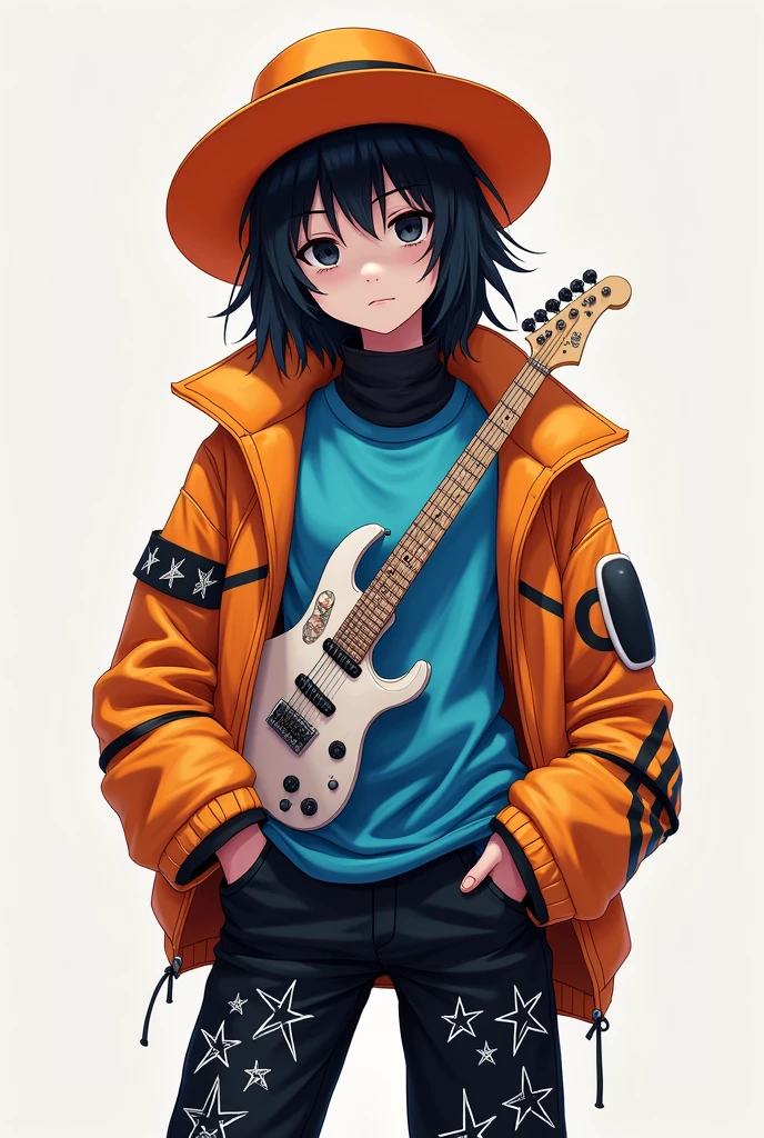 Character with an orange hat with black hair that has black eyes and a blue guitar shirt and a black sweatshirt with black pants with white stars and pale skin