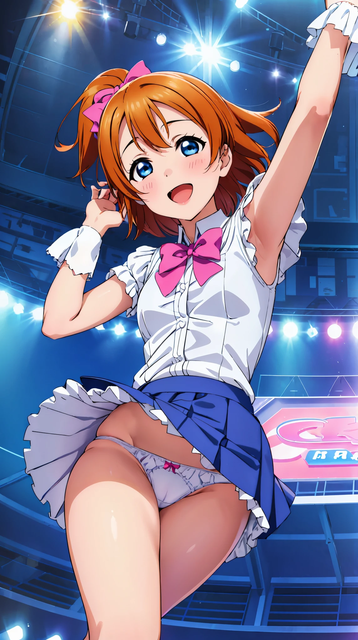 (((Pixel perfect, perfect detail))), (((Underskirt angle view, panties visible,))), solo, solo girl, Honoka Kosaka, (idol dress, : 1.0), (magical girl,: 1.0), viewer's point of view, embarrassed face, μ's, Love Live! stage, singing, (tuck skirt: 1.3), (white panties: 1.3), (panties with ribbon), (3-tier frilled panties: 1.3), (fullback panties: 1.3), (low angle), blue eyes, orange hair, one-side up hair, short hair, (spread legs: 1.0)