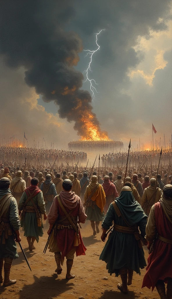 Oil painting size 9:This 16 captures the atmosphere of the Khandaq battle without featuring trenches, focus on battles taking place in open fields. in the foreground, seen trained Muslim troops, marched and fought with high spirit, using traditional weapons such as spears, sword, and bow. They seemed to be trying hard to maintain their position., with a facial expression full of determination and courage.
On the other hand, Quraish forces, with colorful and varied war clothes, struggling to break through the defensive line. They look in disarray, some of them ran hurriedly and tried to charge, while others appear to be engaged in close combat.
The dark, overcast sky provides a dramatic backdrop., with flashes of lightning that add to the tense atmosphere. Smoke and dust from the battle filled the air., creating an atmosphere of chaos. Small fires burning in several places add dramatic light and highlight the dynamics of the battle..
The entire composition highlights the intensity and chaos of war., featuring fighting spirit and strategy from both sides on the Khandaq battlefield.
