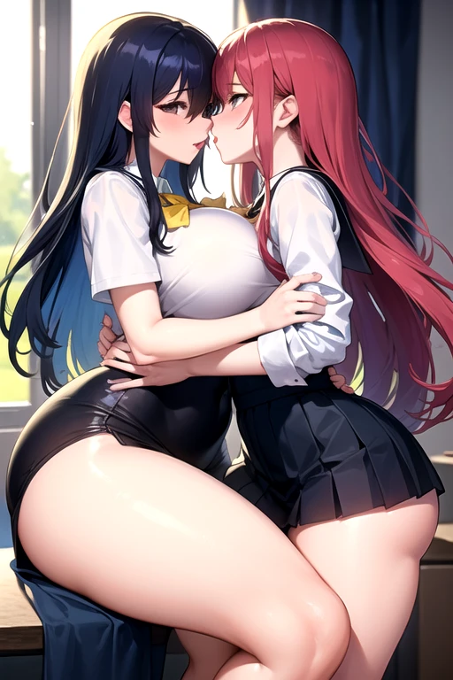 Lesbian (very long loose yellow hair)(big breasts, big thighs)(with school uniform clothes it is very tight) that he is kissing and touching his parts at school with his girlfriend(that they are in a very sexy and compromising position with their girlfriend(big breasts, big thighs)lesbian love