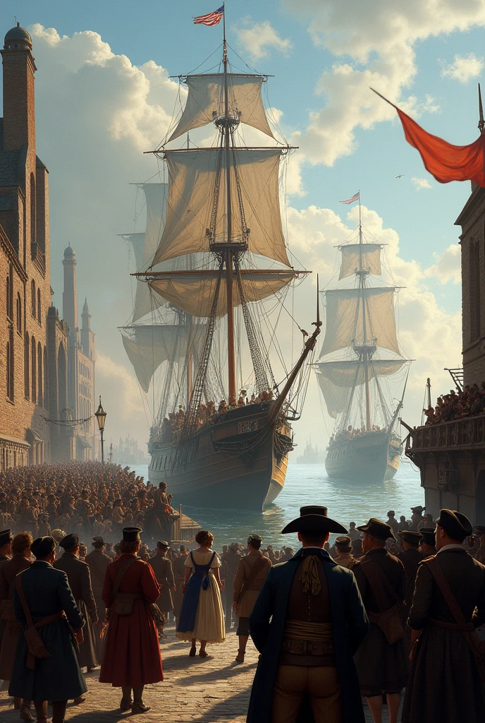 Image of colonizers leaving the port of London towards the new world. Easy image to draw.