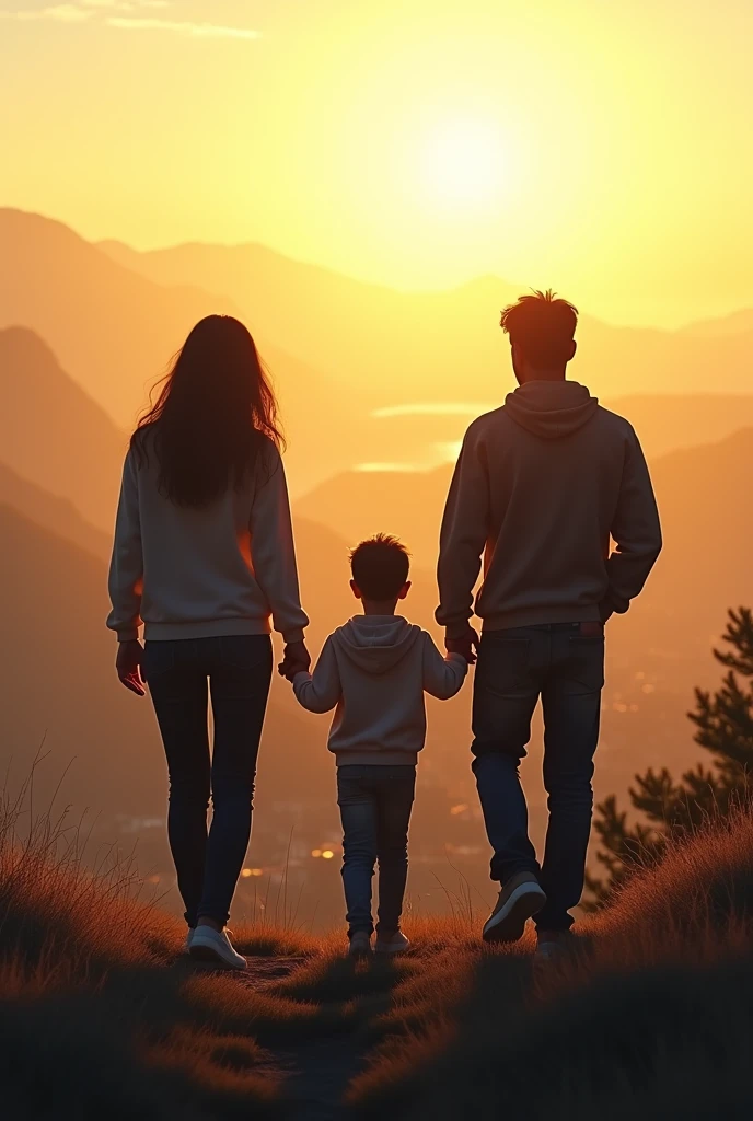 silhouette, of a mother with long, loose hair and dark skin, medium build, padre de medium build y un adolescente, the three dressed in jeans and sweatshirts, walking hand in hand, on a very sunny and bright day, on top of a mountain with green grass looking out over the small town