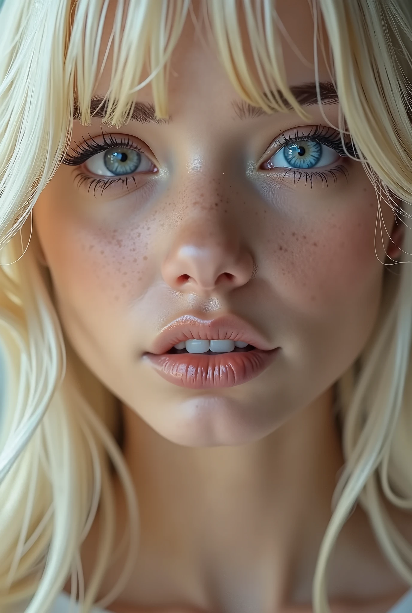 Vr porn, (a closeup:1.4)、(RAW shooting:1.2)、(Photorealsitic:1.4)、(masterpiece:1.3)、(top-quality:1.4)、bright expression、extremely beautyful girl、Extraordinary beautiful girl、Detailed cute and beautiful face、Beautiful bangs、Glowing white shiny skin、facial hairs、Bangs that extend to the face、Bangs between the eyes、Super long hair、Attractive light and dark platinum blonde super long straight silky hainer hair、Attractive glowing beautiful bright clear light blue big eyes、Luxurious dresses、Double eyelids、Lush bust、The upper part of the body、