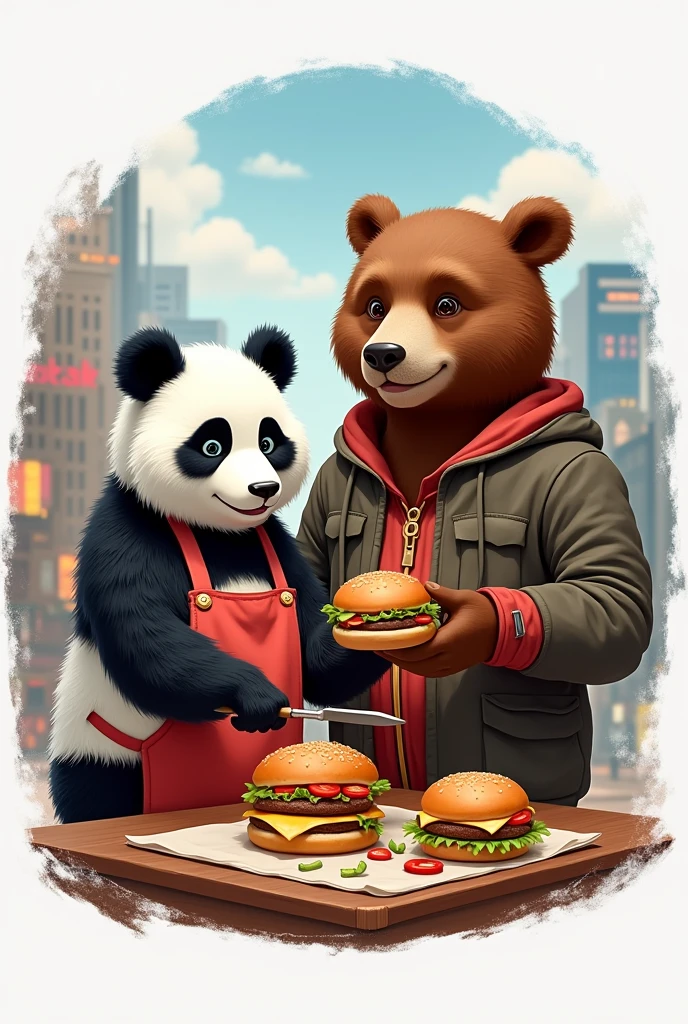 Create a realistic logo with the word "panting" ,that has a panda in a dress and a brown bear in urban clothing preparing hamburgers