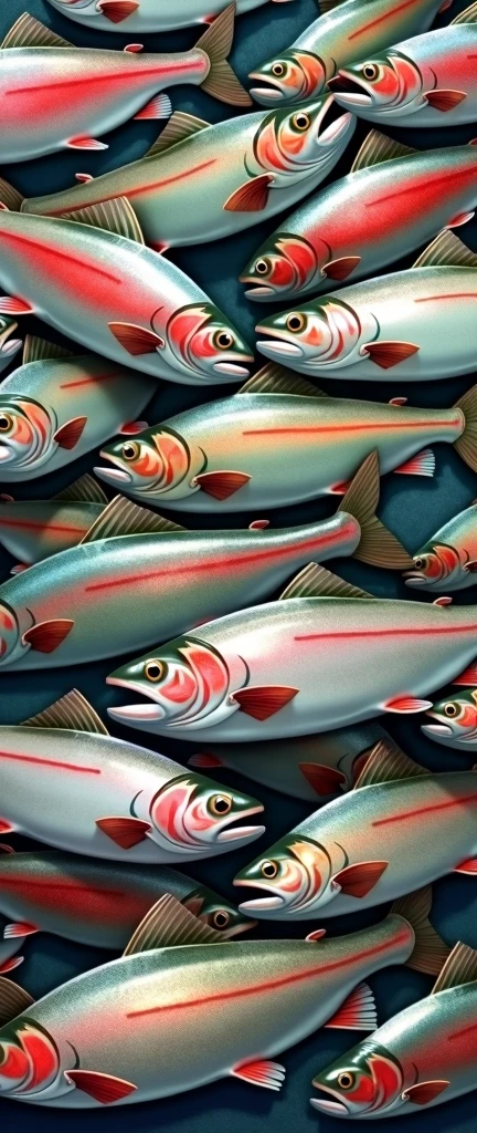 one hundred any freshwater fish trout, in one big picture means completeness, endless pattern, arranged in a chaotic manner, illustration for a postcard, vector