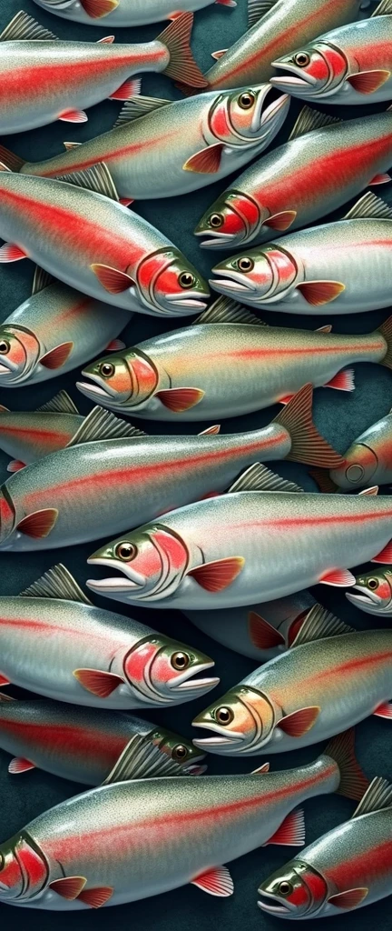one hundred any freshwater fish trout, in one big picture means completeness, endless pattern, arranged in a chaotic manner, illustration for a postcard, vector