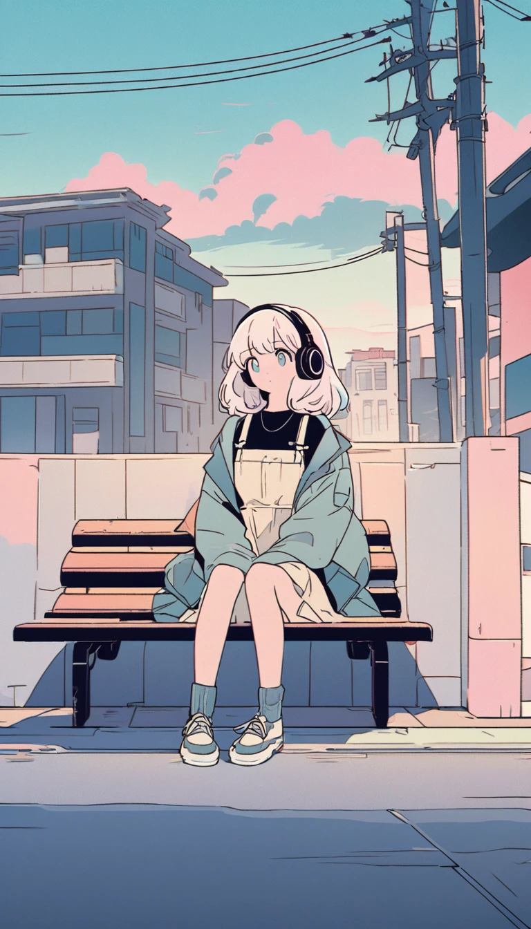 "An anime-style illustration of a cute girl sitting on a nostalgic city bench. She has long, wavy, fluffy light-colored hair and is wearing headphones. The girl is dressed in a casual outfit, featuring a dark shirt or dress with an oversized coat that falls just above her knees. The background shows a street with buildings and utility poles, drawn with clean, minimal lines and pastel colors. The overall color scheme is soft and bright, creating a calm and relaxed atmosphere, with a touch of lo-fi nostalgia."